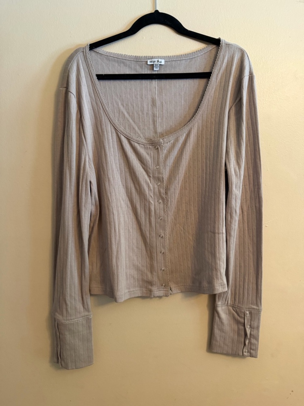 white birch Taupe Ribbed Scoop-Neck Button-Front Long Sleeve Top